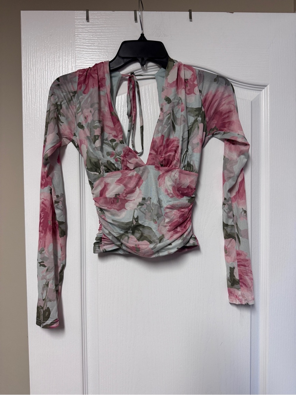 Windsor Pink Floral Ruched V-Neck Long Sleeve Crop Top